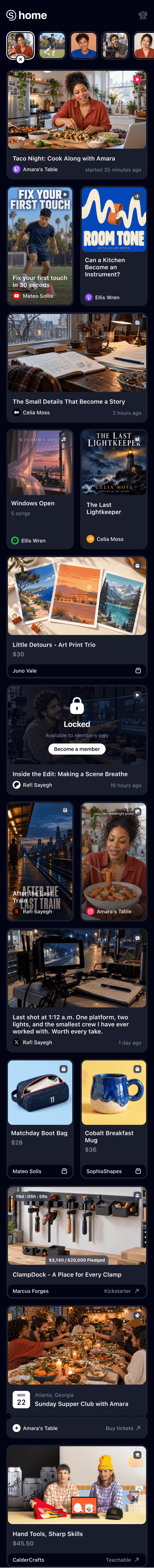 The Space home feed with content from every creator you follow